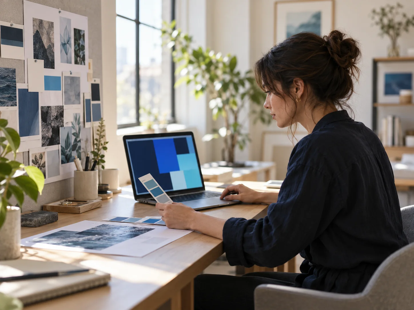 A brand designer reviewing color references and artwork on a laptop