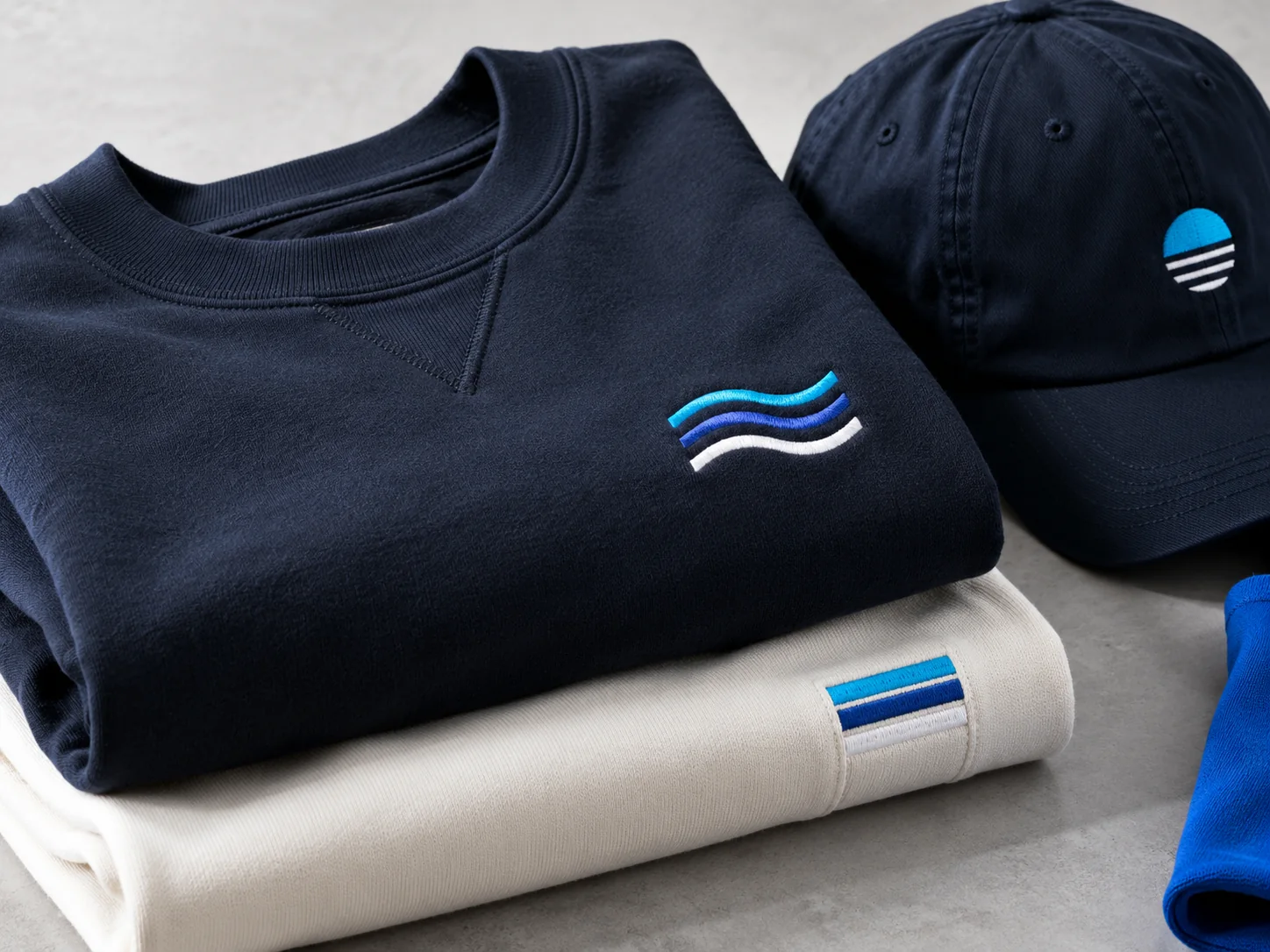 Folded custom apparel showing detailed blue and cyan embroidery