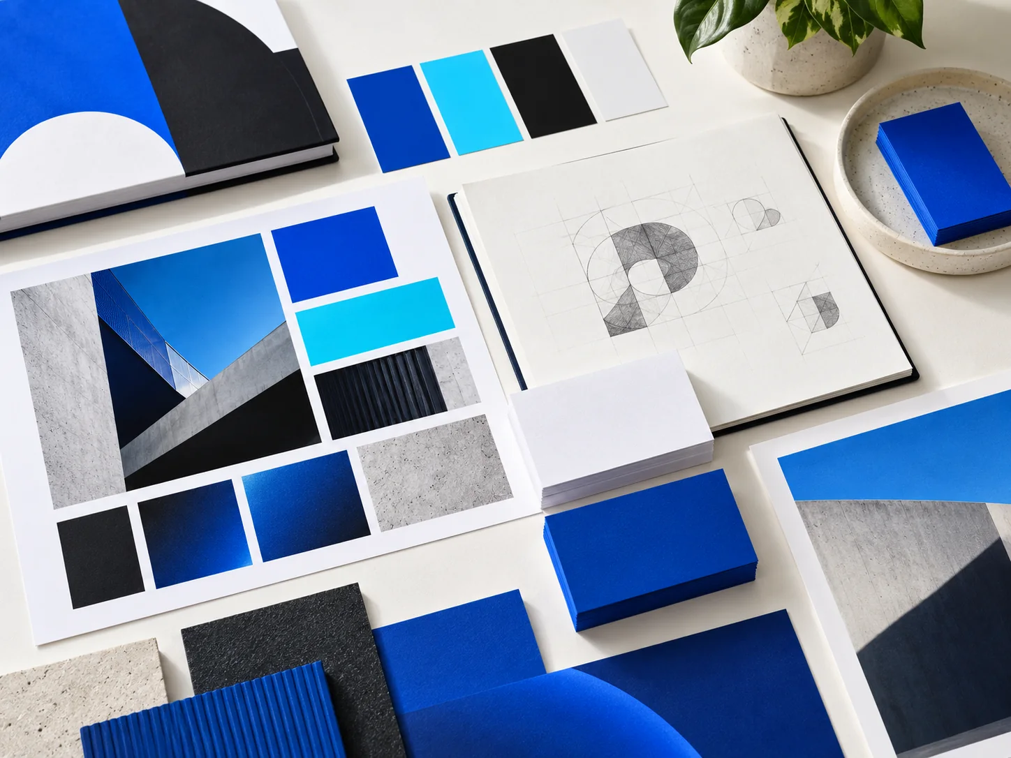 Brand identity mood board with blue and cyan color swatches, paper samples, and logo sketches