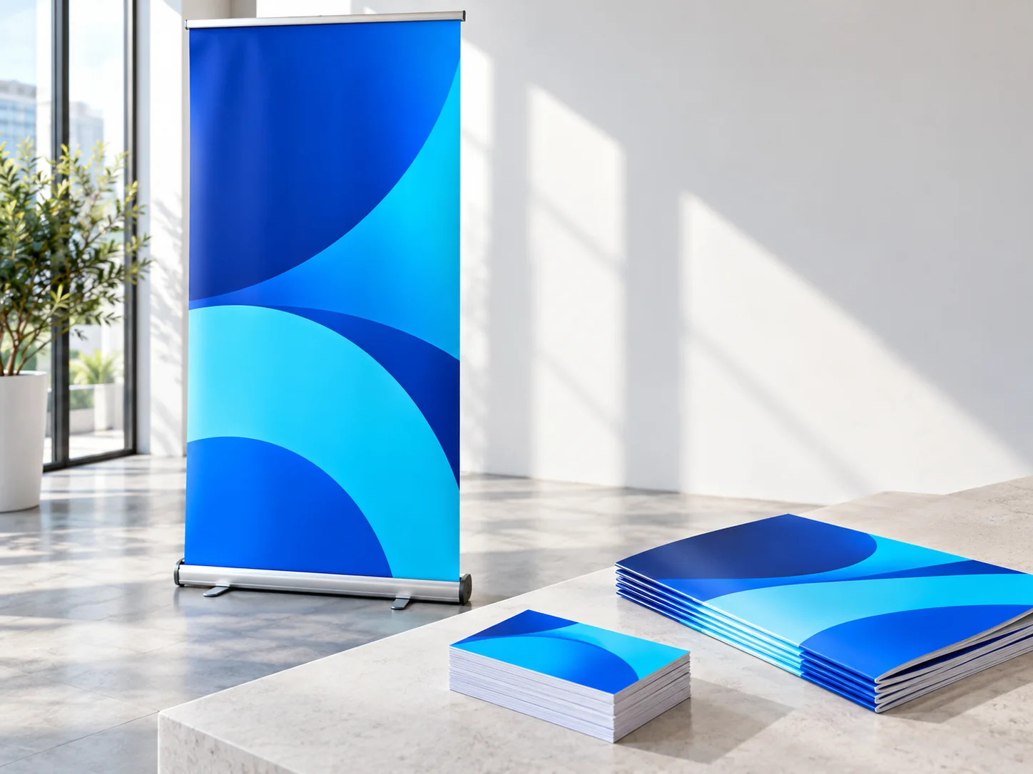Printed display banner and matching brochures in a bright studio