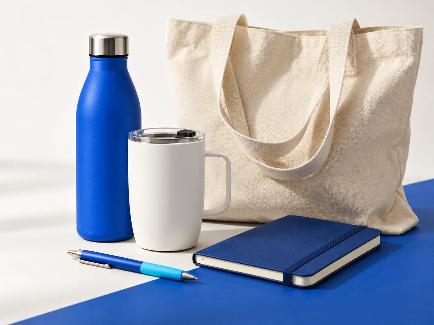 Promotional products including a blue water bottle, canvas tote, mug, pen, and notebook