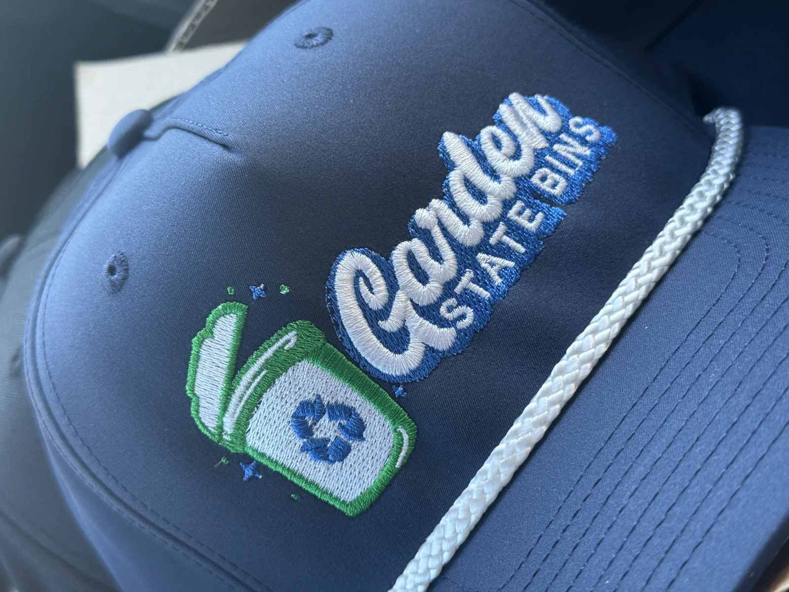 Close-up of embroidery on a cap