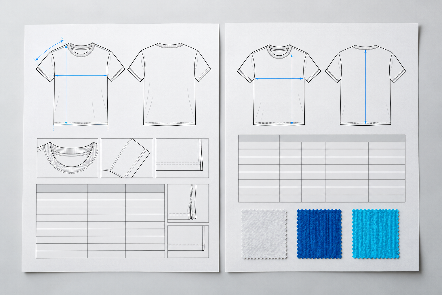 Illustrative garment specification sheets with technical drawings, measurement arrows, and fabric swatches
