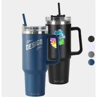 TiTUS® 30 oz Travel Mug with Straw & Handle, shown with sample decoration